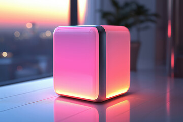 Poster - glowing cube packaging design illuminating modern interior at sunset