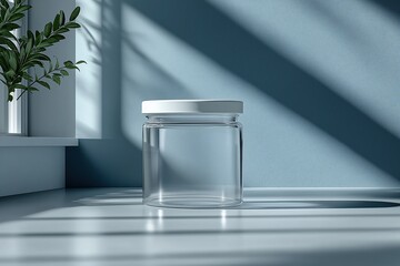 Poster - empty glass jar packaging mockup with white lid on table