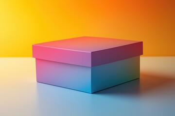 Poster - closed rainbow cardboard box on reflective surface with yellow-orange backdrop