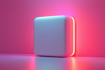Poster - Blank modern white rounded square box packaging with glowing neon light on pink background