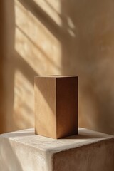 Poster - Cardboard box packaging mockup on stone podium with window light shadows