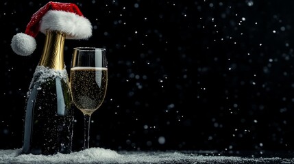 Poster - A bottle of champagne with a red hat on top and a glass of champagne next to it
