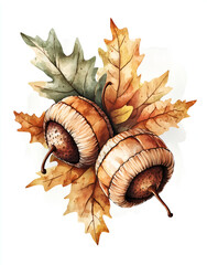 Wall Mural - Watercolor acorns, clipart on a white background, autumn season, oak leaves