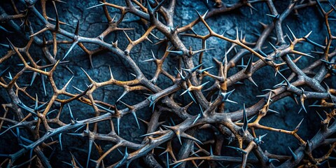 A close-up of a tangled web of thorny branches, their sharp points casting a menacing shadow against a dark, textured backdrop