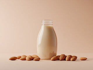 Minimalist bottle of almond milk surrounded by raw almonds on a soft beige background, plant-based dairy alternative, vegan milk concept, organic and healthy beverage mockup