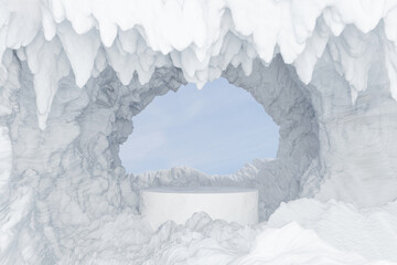 Wall Mural - 3d render winter platform and realistic natural background, stone podium on the ice snow mountain ca