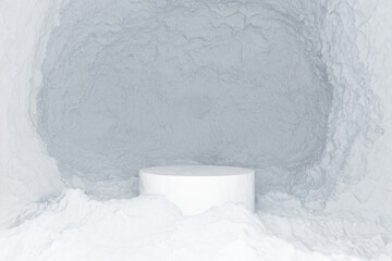Wall Mural - abstact 3d render winter scene and natural podium background, stone podium on the snow ground in the