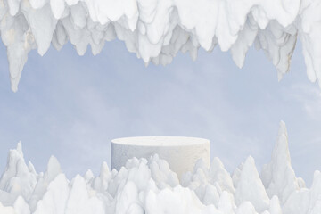 Wall Mural - 3d render winter platform and natural background, stone podium in the mountain cave with above and b