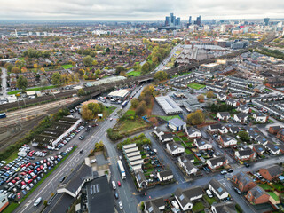 Canvas Print - Aerial View of Manchester City During Cloudy and Rainy Day over England UK