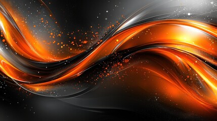 Poster - Dynamic wave of orange and black swirls creating a vibrant abstract design with sparks and depth for modern digital art