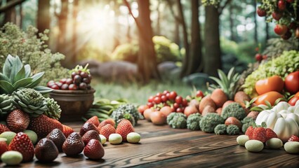 Wall Mural - Fresh fruits and vegetables on a wooden table in a forest setting.