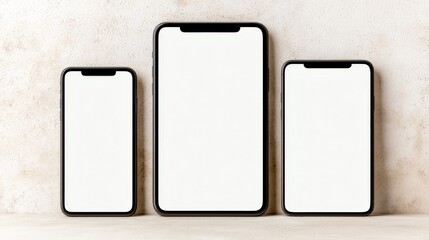 Three modern smartphones in varying sizes are displayed against a neutral background, highlighting their sleek designs and blank screens.