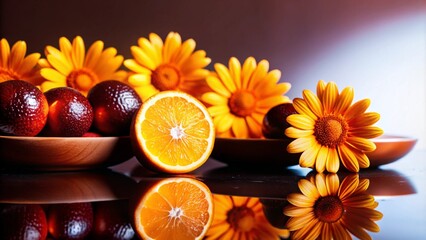 Wall Mural - A group of oranges and orange slices on wooden plates with yellow daisies.