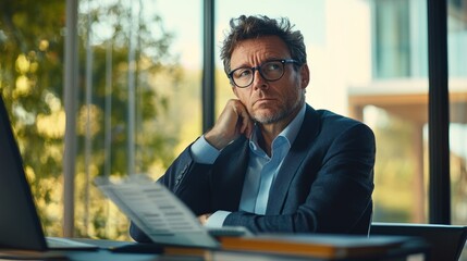Poster - A man in a suit is sitting at a desk with a stack of papers in front of him