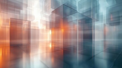 Poster - Abstract geometric shapes in soft reflections, creating a serene atmosphere in a modern digital environment at sunrise