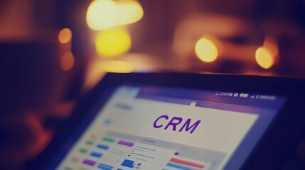 Poster - closeup of crm interface on tablet featuring customer relationship icon for business management