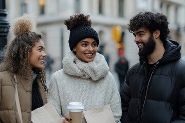 A joyful trio of friends share laughs and coffee on a bustling winter city street, their cozy attire and genuine camaraderie creating a scene of warmth amidst the cold.