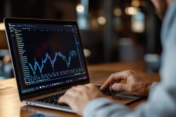 A man is typing on a laptop computer, possibly working on a financial report. The laptop screen displays a graph with various lines and numbers, indicating that the man is analyzing data