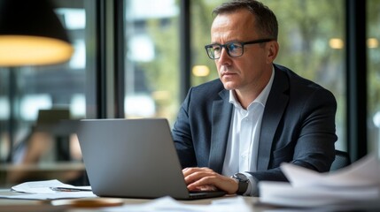 Poster - A man in a suit is typing on a laptop computer
