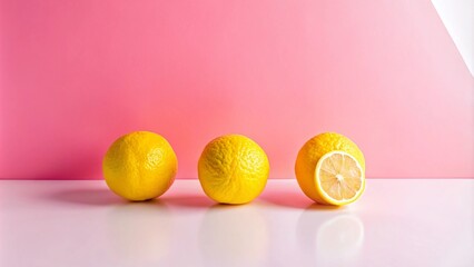 Wall Mural - Three lemons, two whole and one cut in half, sit on a white surface against a pink background.