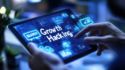 Poster - Hands Holding Tablet with Growth Hacking in Bold with Digital Insights and Data Visualizations