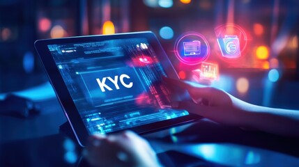 Poster - hands engaging with tablet displaying kyc information for identity verification process