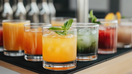 Variety of colorful cocktail glasses and bar accessories displayed on a tray or counter at a cocktail making station ready for use with a blurred background  Concept of bartending mixology