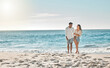 © peopleimages.com - Space, sky or romantic couple at walking to travel for love on vacation, anniversary or holiday. Mockup, peace and people at beach for bonding together for romantic trip on tropical island in Bali