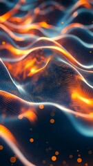 Poster - Abstract glowing waves with digital dots in orange and blue hues, futuristic design concept