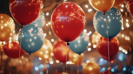 Red and blue balloons with glittering lights in festive atmosphe