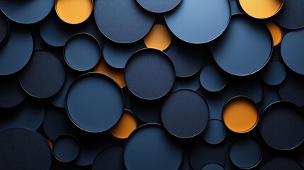 Poster - A textured wall composed of circular elements in blue and orange creating a modern artistic display in an urban environment