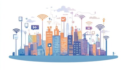 Poster - Modern cityscape powered by 5G with connected devices everywhere