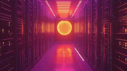 Poster - Modern data center with rows of servers and a holographic interface