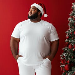 Men oversized white shirt mockup, Christmas tree background. Plus size black male model in Santa hat wearing short sleeve tshirt mock up. Men's basic t-shirt, casual crewneck tee, front view. 