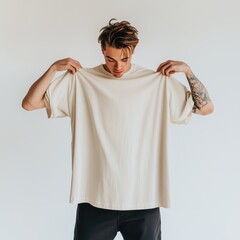 Wall Mural - Young man wearing oversized natural tshirt. Crewneck shirt mockup, studio photo. Standing male model with tatooid hand in beige short sleeve tee