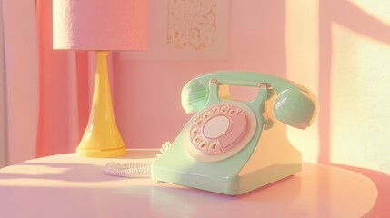 Poster - Rotary telephone in pastel colors on clean table