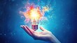 © savittree - Glowing light bulb in a hand, with doodles symbolizing creativity and innovation, floating in the air, against a blue background.
