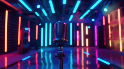 Poster - Studio microphone in front of colorful screens and blue lighting, representing modern audio production and technology