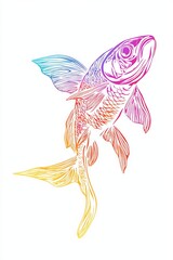 A vibrant, colorful fish outlined in bold neon colors, swimming alone on a stark white background. 