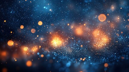Poster - Bright orange and blue particles sparkling in a dark background create a mesmerizing abstract effect during a nighttime setting