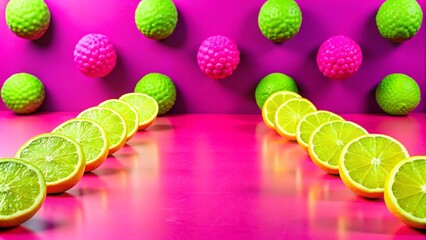 Canvas Print - Pink and green limes with slices in the center, creating a symmetrical design on a pink background.