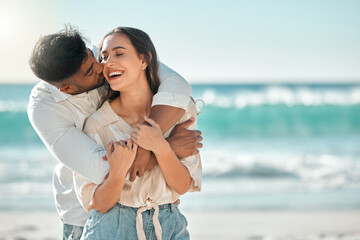 embrace, kiss or happy couple hug at sea for travel or care on vacation, valentines day or holiday. 