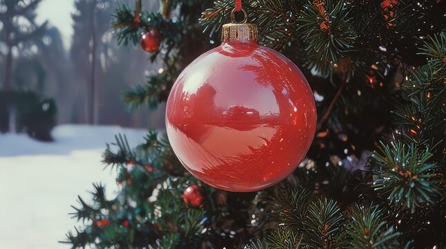 Christmas and new year holidays concept. Red balls on fir branches, winter snowy backdrop. festive winter season background. template for design. banner, copy space