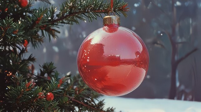 Christmas and new year holidays concept. Red balls on fir branches, winter snowy backdrop. festive winter season background. template for design. banner, copy space