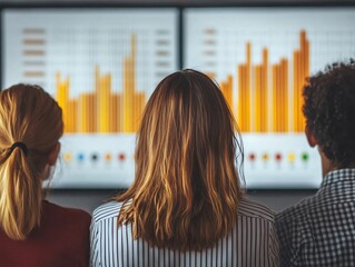 Poster - Three professionals analyze data on large screens, showcasing teamwork and strategic planning in a modern business environment.