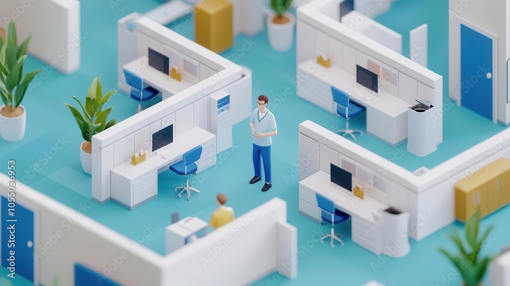 Doctor Workspace Layout Stylized office layout with cubicles and a meeting between a doctor and ...