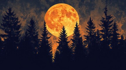 Wall Mural - Forest Silhouettes Under a Giant Orange Moon