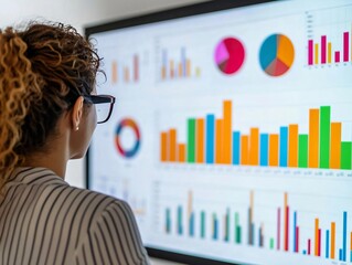 Poster - A woman analyzes data on a large screen, focusing on colorful graphs and charts, showcasing modern analytics in business.