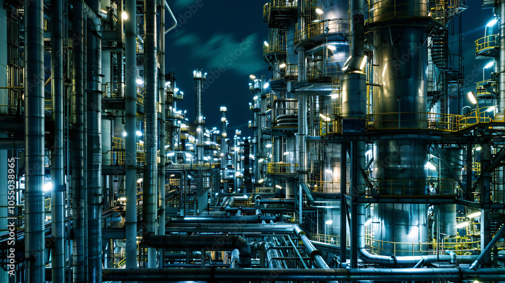 Night view of an illuminated industrial refinery with complex pipes ...