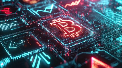 Poster - a digital illustration of cryptocurrency with glowing bitcoin symbols.